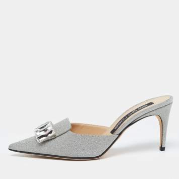 Pre Owned Sergio Rossi Silver Glitter Crystal Embellished Mules Size 40