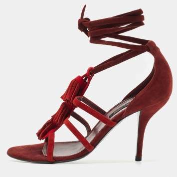 مملوكة مسبقًا Sergio Rossi Two Tone Suede Tassel Detail Ankle Tie Sandals Size 38.5 
