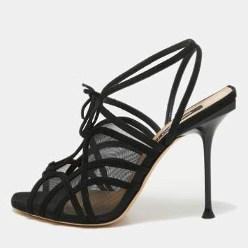 Pre Owned Sergio Rossi Black Suede and Mesh Ankle Strap Sandals Size 40
