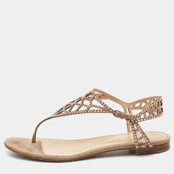 Pre Owned Sergio Rossi Beige Crystal Embellished Suede Thong Flat Sandals Size 40