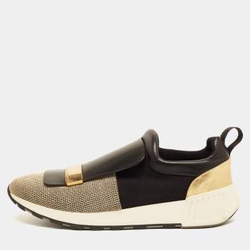 Pre Owned Sergio Rossi Gold/Black Leather and Fabric SR1 Slip On Sneakers Size 40