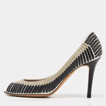 Pre Owned Sergio Rossi Black/White Leather Stitched Detail Peep Toe Pumps Size 39.5