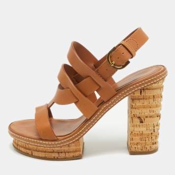 Pre Owned Sergio Rossi Brown Leather Cork Heel Ankle Strap Sandals Size 39
