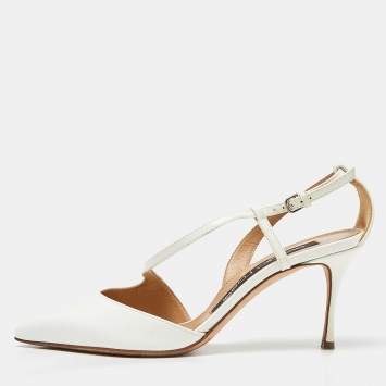 Pre Owned Sergio Rossi White Patent Leather Ankle Strap Pumps Size 35.5