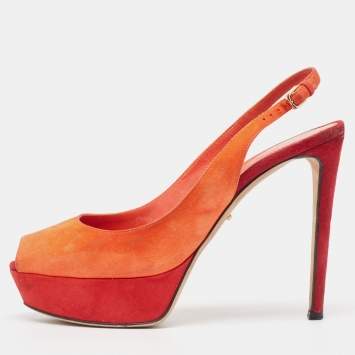 Pre Owned Sergio Rossi Orange Suede Peep Toe Slingback Pumps Size 37.5 