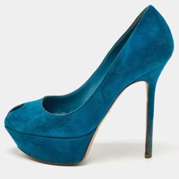Pre Owned Sergio Rossi Blue Suede Peep Toe Platform Pumps Size 37.5
