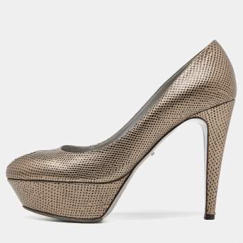 Pre Owned Sergio Rossi Grey Lizard Embossed Leather Peep Toe Platform Pumps Size 38.5