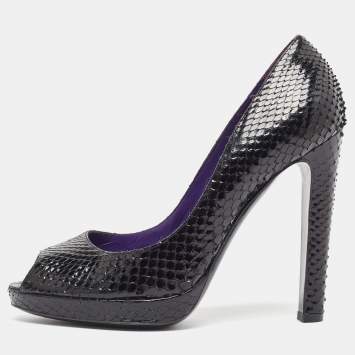 Pre Owned Sergio Rossi Black Python Peep Toe Pumps Size 37.5