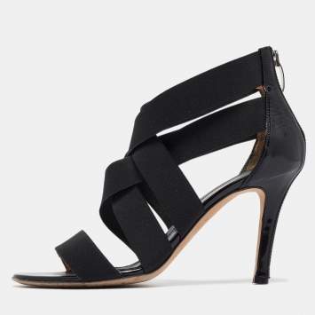 Pre Owned Sergio Rossi Black Patent and Fabric Strappy Sandals Size 36.5