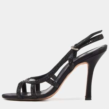 Pre Owned Sergio Rossi Black Satin Crystal Embellished Ankle Strap Sandals Size 37.5