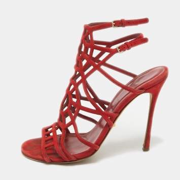 Pre Owned Sergio Rossi Red Suede Puzzle Caged Sandals Size 37
