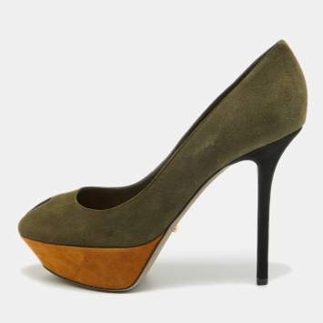 مملوكة مسبقًا Sergio Rossi Army Green Suede Peep Toe Platform Pumps Size 40