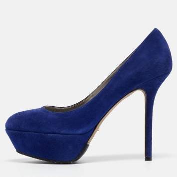 Pre Owned Sergio Rossi Blue Suede Platform Pumps Size 38