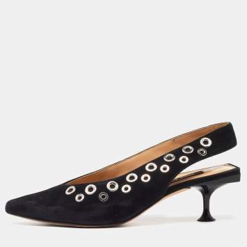 Pre Owned Sergio Rossi Black Suede SR Eyelet Slingback Sandals Size 37