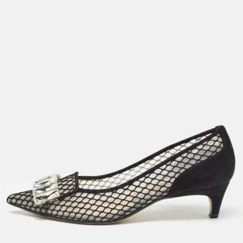Sergio Rossi Black Suede and Mesh Crystals Pumps Size 37