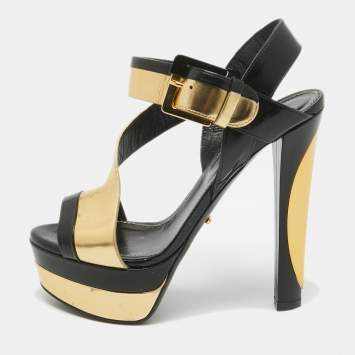 Pre Owned Sergio Rossi Black/Gold Leather Platform Ankle Strap Sandals Size 35.5
