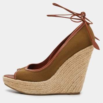 Pre Owned Sergio Rossi Brown Canvas Espadrille Wedge Ankle Tie Sandals Size 39