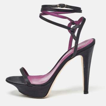 Pre Owned Sergio Rossi Black Satin Ankle Strap Platform Sandals Size 37.5