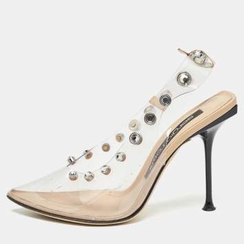 Pre Owned Sergio Rossi Beige/Transparent  PVC Crystal Embellished Slingback Pumps Size 38.5