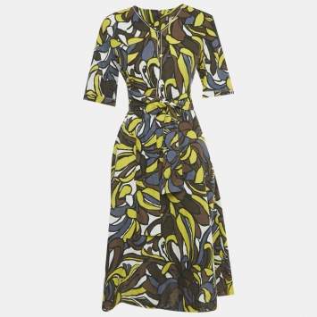 Pre Owned S'Max Mara Blue Printed Cotton Belted Long Dress XL