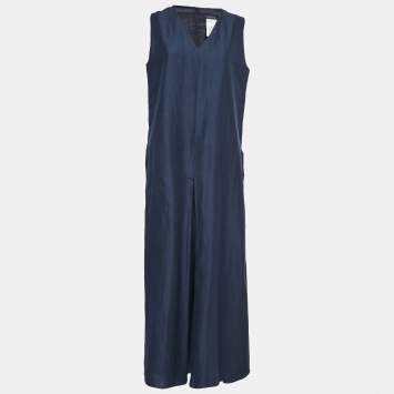 Pre Owned S'Max Mara Dark Blue Cotton Blend Taso Pleated Jumpsuit XL