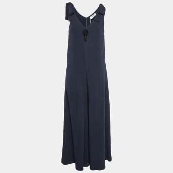 Pre Owned S'Max Mara Navy Crepe Shoulder Tie-Up Jumpsuit M