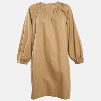 Pre Owned S'Max Mara Brown Cotton Pleated Neck Mini Dress M