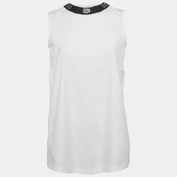 Pre Owned S'Max Mara White Cotton Embellished Neck Sleeveless Top S