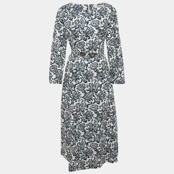 S'Max Mara Blue Printed Cotton Belted Long Dress XL