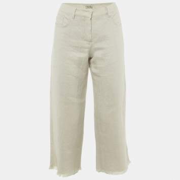 Pre Owned S'Max Mara Beige Textured Linen Frayed Hem Trousers M