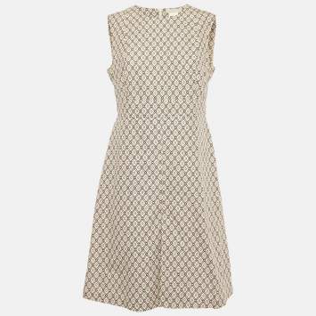 Pre Owned S'Max Mara Cream Printed Cotton Sleeveless Shift Dress L