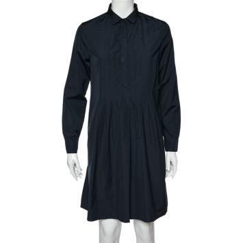 Pre Owned S'Max Mara Navy Blue Cotton Pleated Shirt Dress M