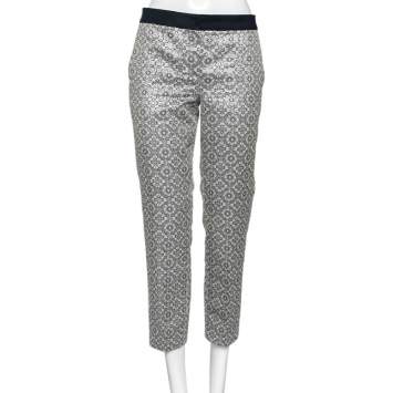 Pre Owned 'S Max Mara Silver Floral Patterned Brocade Tapered Leg Trousers M