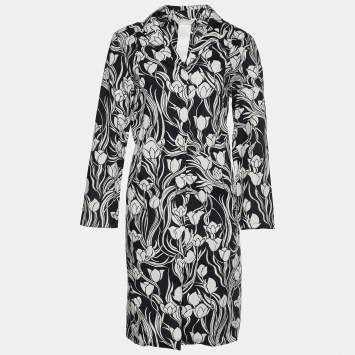 Pre Owned S'Max Mara Monochrome Floral Print Cotton Shirt Dress L