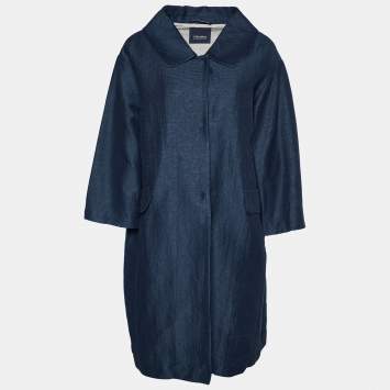 Pre Owned S'Max Mara Navy Blue Textured Cotton & Silk Oversized Button Front Coat M