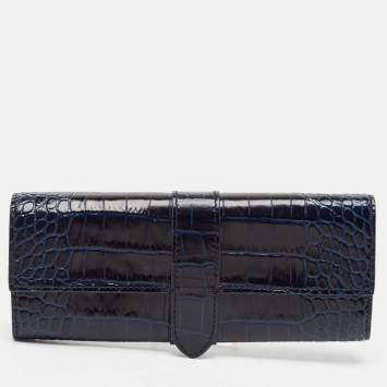 Pre Owned Smythson Mara Navy Blue Croc Embossed Leather Jewelry Roll