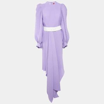 Pre Owned Solace London Purple Plisse Crepe Asymmetric Tilde Maxi Dress M
