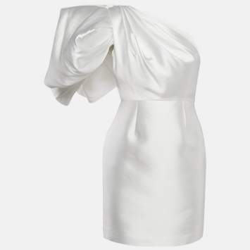 Pre Owned Solace London White Crepe One-Shoulder Puff Sleeve Hayes Mini Dress S