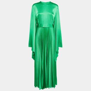 Pre Owned Solace London Sage Green Textured Crepe Pleated Maxi Dress L