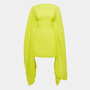Solace London Lime Green Plisse Long Sleeve Mini Dress S