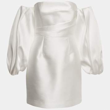 Pre Owned Solace London White Satin Off-Shoulder Puff Sleeve Bella Mini Dress M
