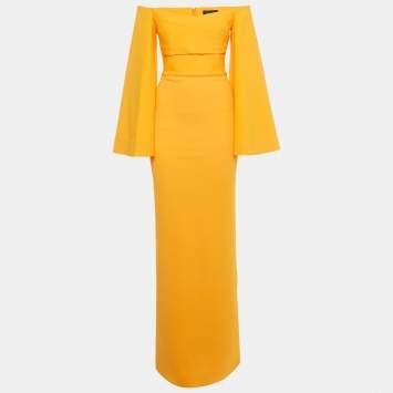 Pre Owned Solace London Orange Stretch Crepe Flared Sleeve Eliana Maxi Dress S  