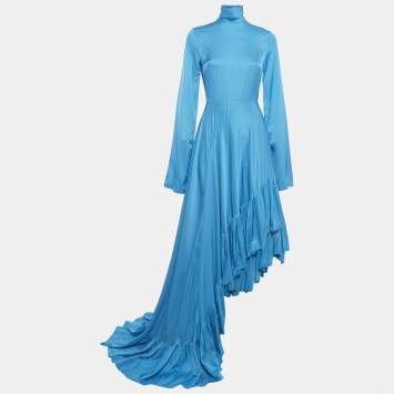 Pre Owned Solace London Blue Satin Asymmetrical Marlee Maxi Dress S 