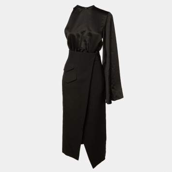 Pre Owned Solace London Black Satin & Crepe Marceo Midi Dress S