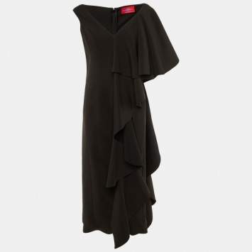 Pre Owned Solace London Black Crepe Cape Shoulder Ruffle Detail Alora Midi Dress L