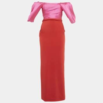 Pre Owned Solace London Pink /Red Stain & Crepe Maxi Dress S