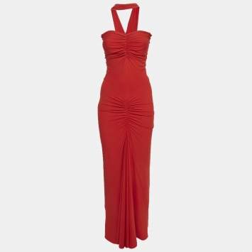 Pre Owned Solace London Red Stretch Crepe Maisie Ruched Maxi Dress M