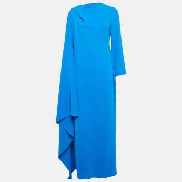 Pre Owned Solace London Royal Blue Crepe Cape Sleeve Lydia Gown L