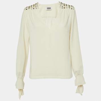 Pre Owned Sonia by Sonia Rykiel Cream Crepe Embellished V-Neck Top M