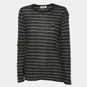 Pre Owned Sonia by Sonia Rykiel Green/Black Striped Wool Blend Top S